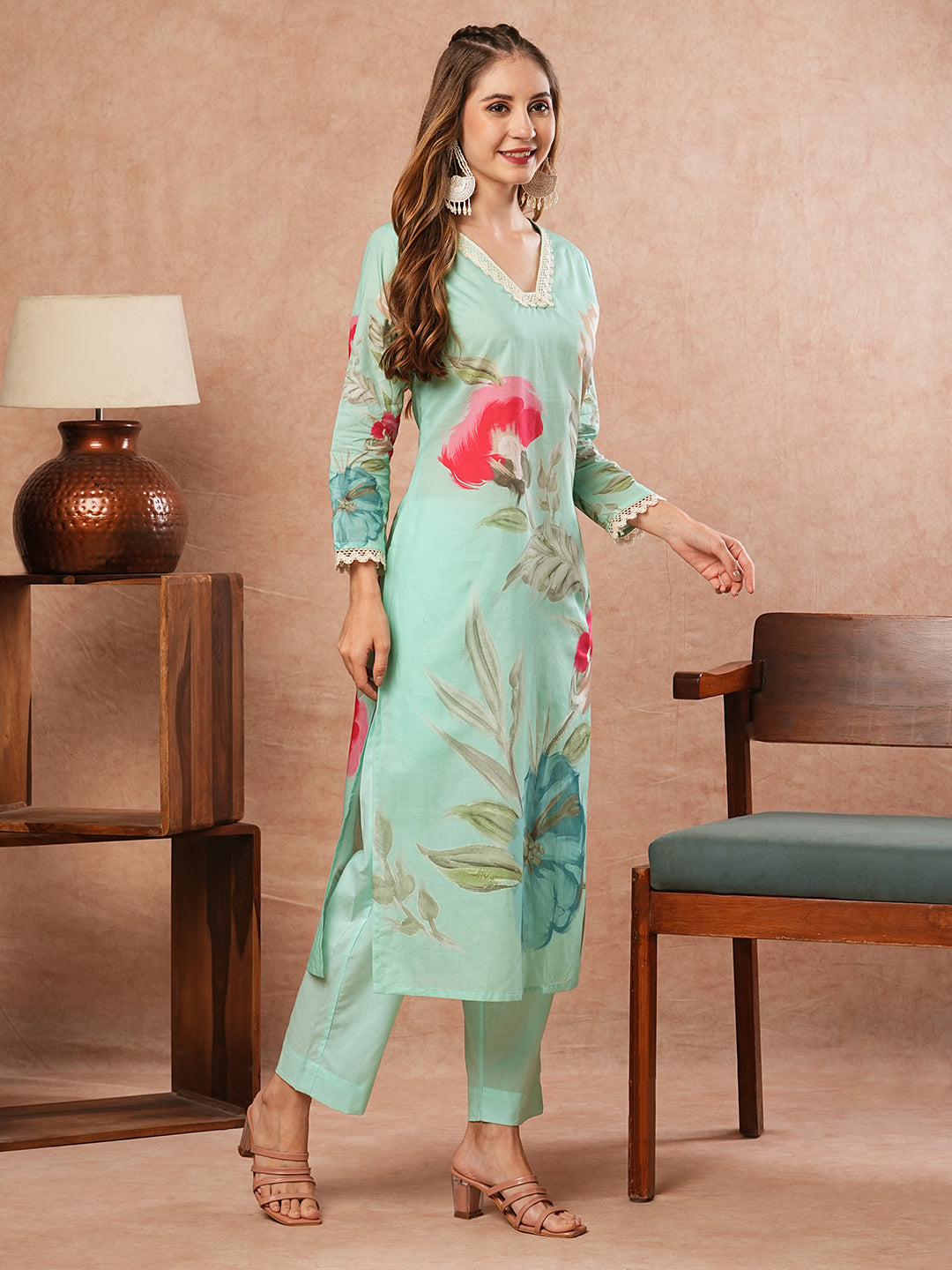 Floral Printed Crochet Lace Embellished Kurta with Pants - Sea Green