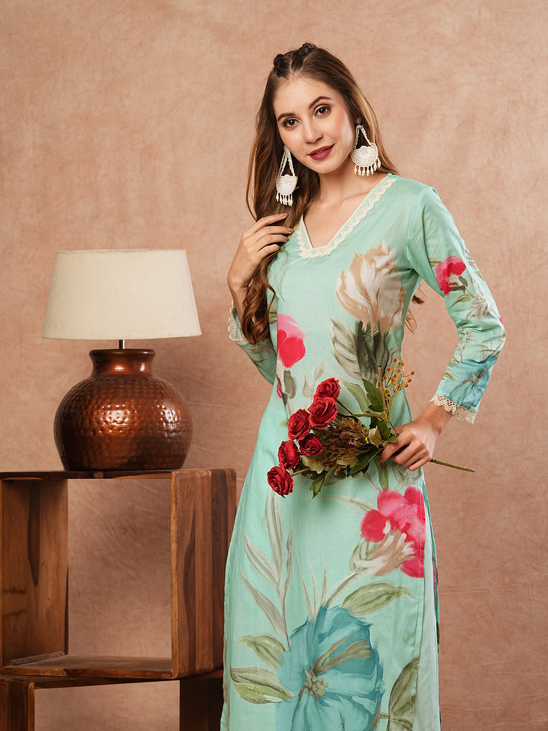 Floral Printed Crochet Lace Embellished Kurta with Pants - Sea Green