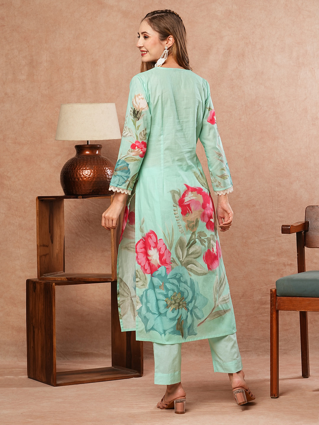 Floral Printed Crochet Lace Embellished Kurta with Pants - Sea Green