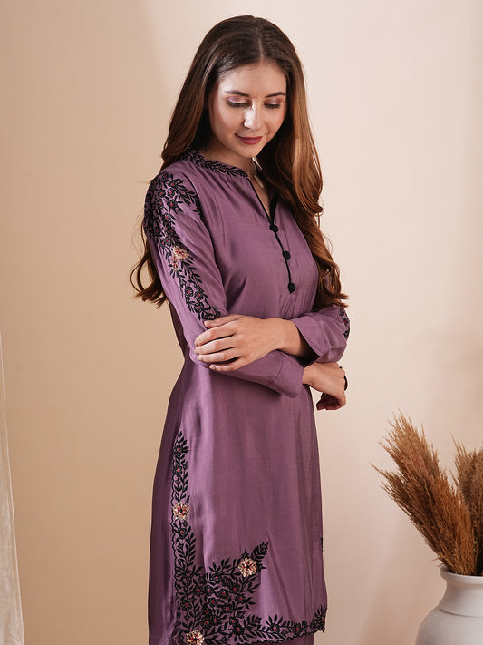 Solid Resham & Faux Leather Applique Embroidered Kurta with Pants Co-ord Set - Purple