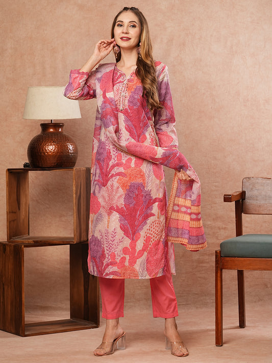 Floral & Abstract Printed Schiffili & Beads Embroidered Kurta with Pants & Dupatta - Multi