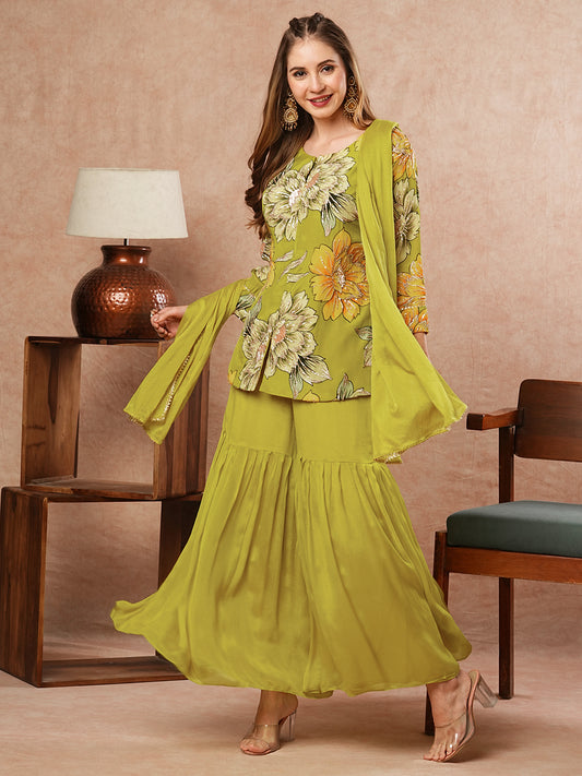 Floral Printed Sequins & Zari Embroidered Kurti with Sharara & Dupatta - Lime Green