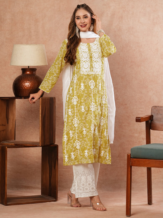 Floral Printed Resham Embroidered Mul-Cotton Kurta with Palazzo & Dupatta - Yellow