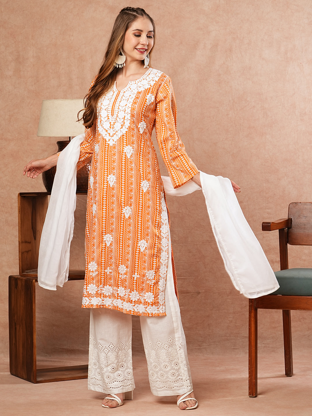 Ethnic Printed Resham Embroidered Mul-Cotton Kurta with Palazzo & Dupatta - Orange