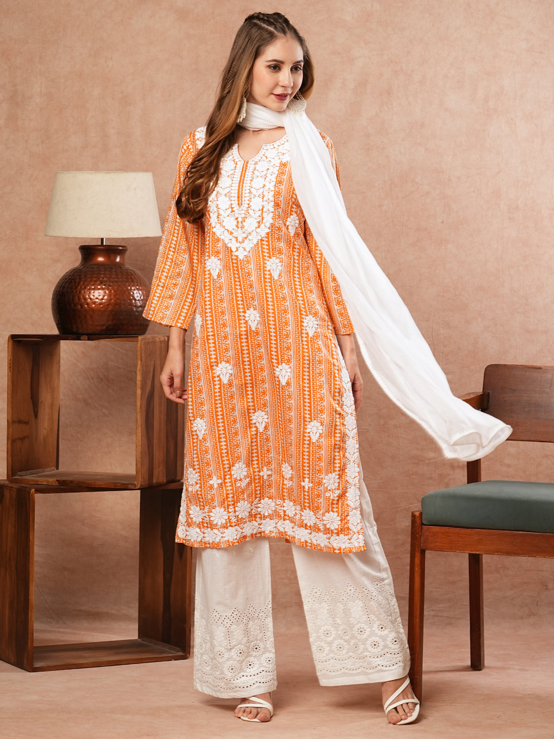 Ethnic Printed Resham Embroidered Mul-Cotton Kurta with Palazzo & Dupatta - Orange