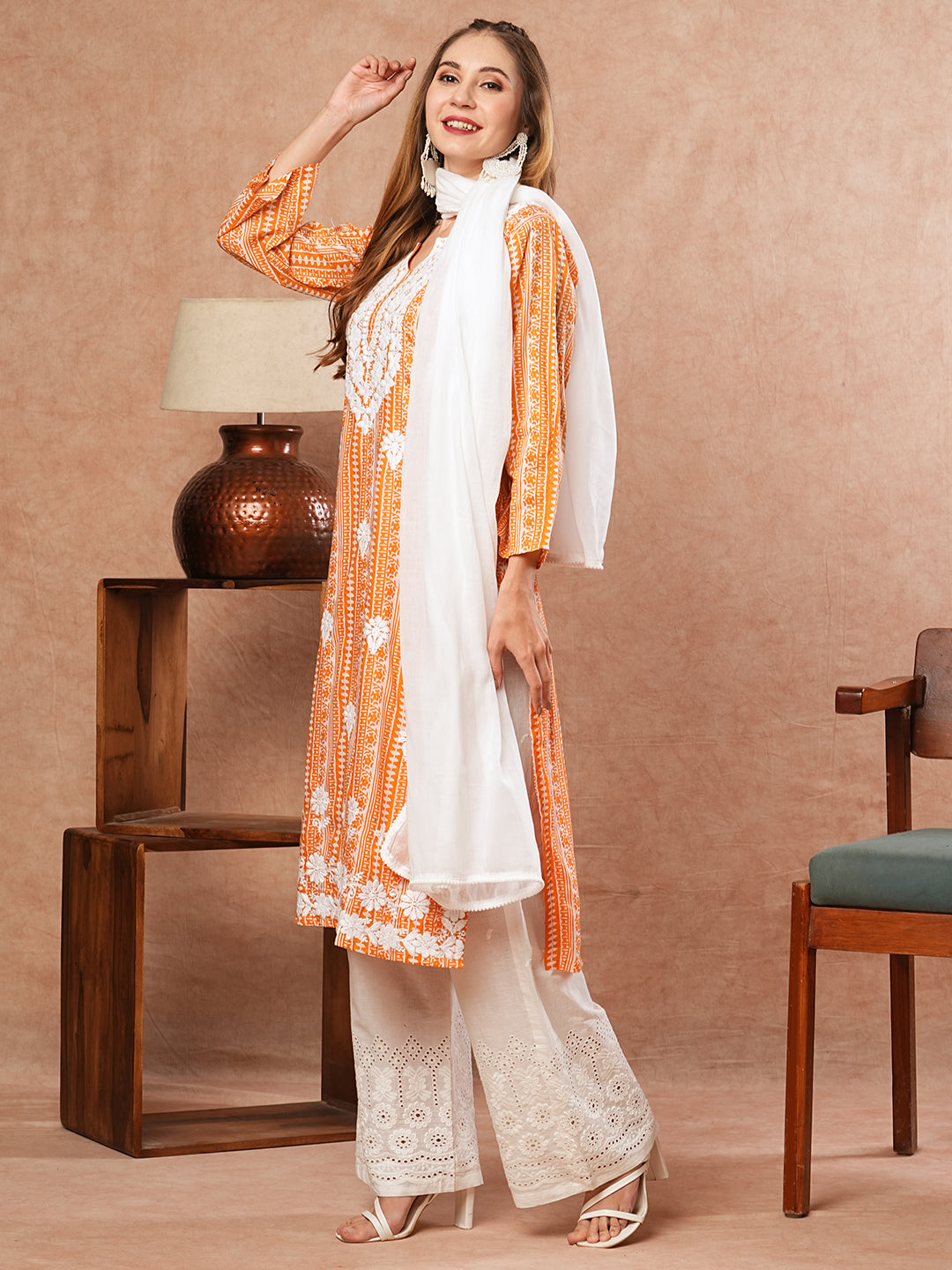 Ethnic Printed Resham Embroidered Mul-Cotton Kurta with Palazzo & Dupatta - Orange