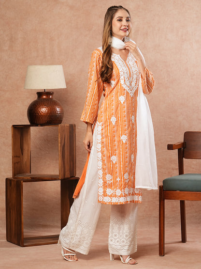 Ethnic Printed Resham Embroidered Mul-Cotton Kurta with Palazzo & Dupatta - Orange