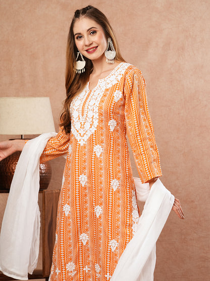 Ethnic Printed Resham Embroidered Mul-Cotton Kurta with Palazzo & Dupatta - Orange