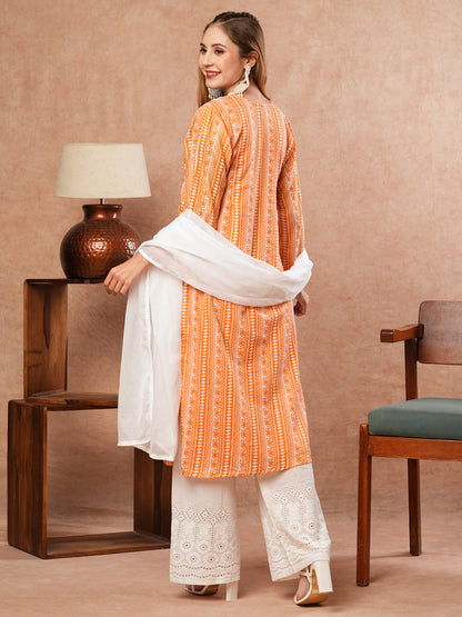 Ethnic Printed Resham Embroidered Mul-Cotton Kurta with Palazzo & Dupatta - Orange