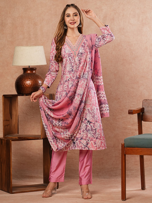 Abstract Floral Printed & Embroidered Straight Kurta with Pant & Dupatta - Pink