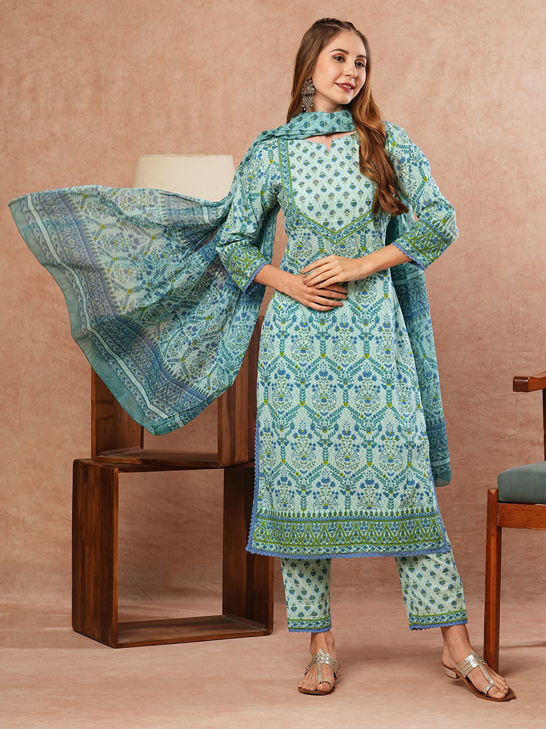 Floral Printed Sequins & Zari Embroidered Kurta with Pants & Dupatta - Blue