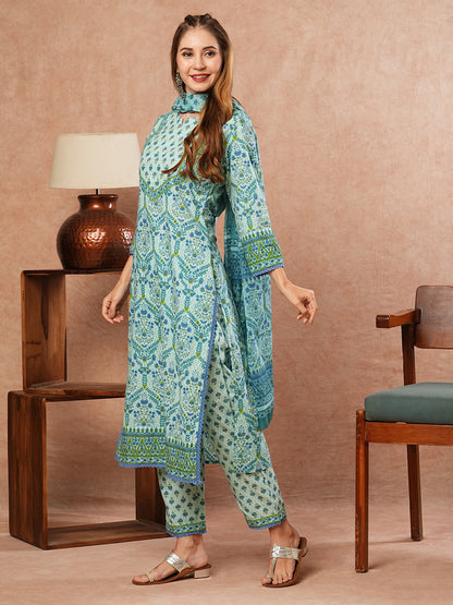 Floral Printed Sequins & Zari Embroidered Kurta with Pants & Dupatta - Blue