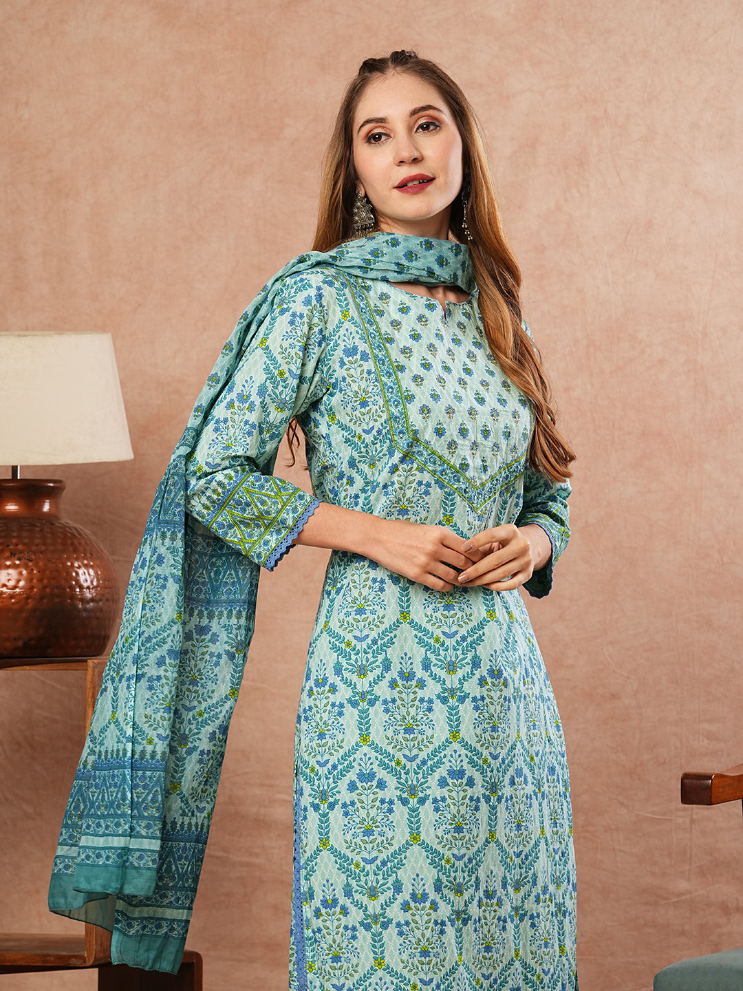 Floral Printed Sequins & Zari Embroidered Kurta with Pants & Dupatta - Blue