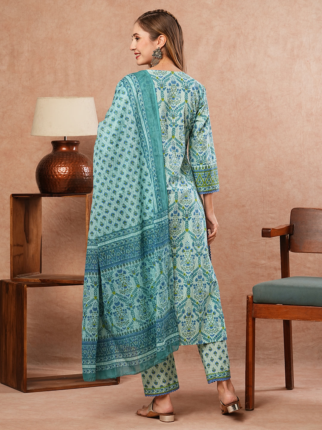 Floral Printed Sequins & Zari Embroidered Kurta with Pants & Dupatta - Blue