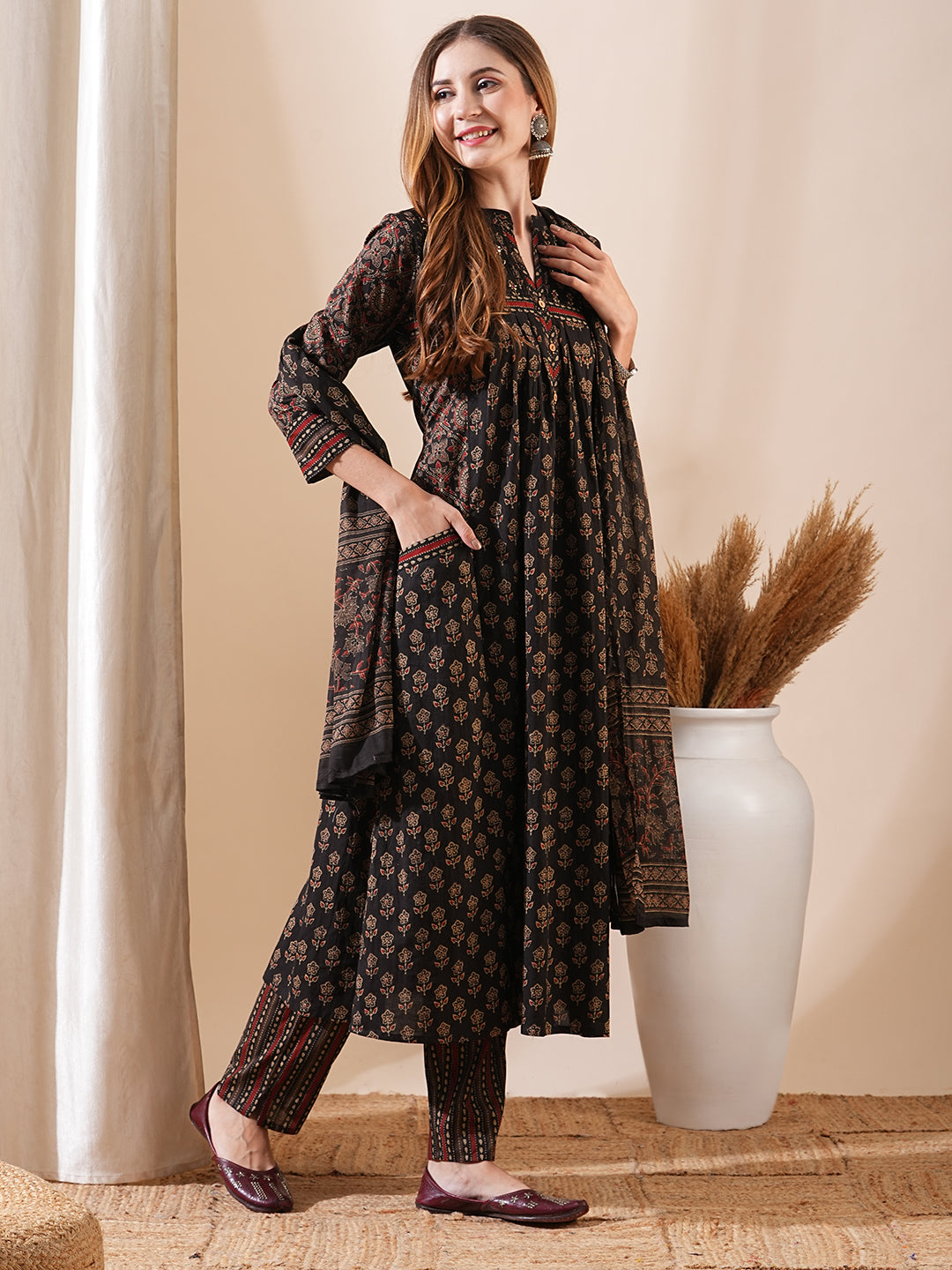 Block Printed Mirror & Sequins Embroidered Kurta with Pants & Dupatta - Coffee Brown