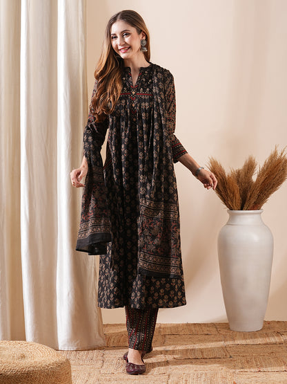 Block Printed Mirror & Sequins Embroidered Kurta with Pants & Dupatta - Coffee Brown