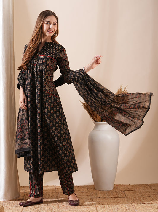 Block Printed Mirror & Sequins Embroidered Kurta with Pants & Dupatta - Coffee Brown