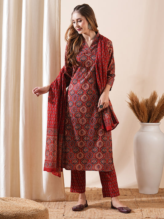 Ethnic Ajrakh Printed Mirror Embroidered Kurta with Pants & Block Print Dupatta - Rust