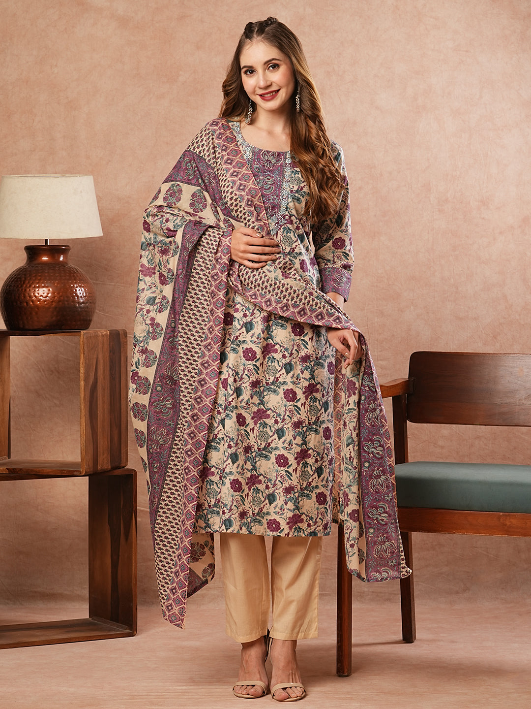 Floral Printed Mirror, Resham & Zari Embroidered Kurta with Pants - Multi