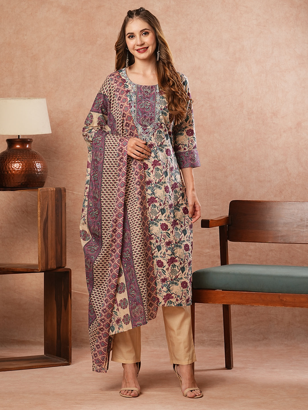 Floral Printed Mirror, Resham & Zari Embroidered Kurta with Pants - Multi