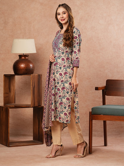 Floral Printed Mirror, Resham & Zari Embroidered Kurta with Pants - Multi