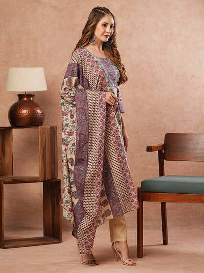 Floral Printed Mirror, Resham & Zari Embroidered Kurta with Pants - Multi