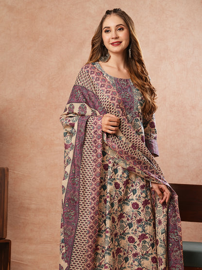 Floral Printed Mirror, Resham & Zari Embroidered Kurta with Pants - Multi