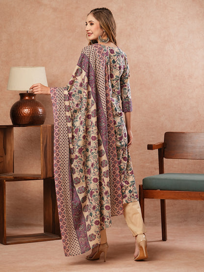 Floral Printed Mirror, Resham & Zari Embroidered Kurta with Pants - Multi