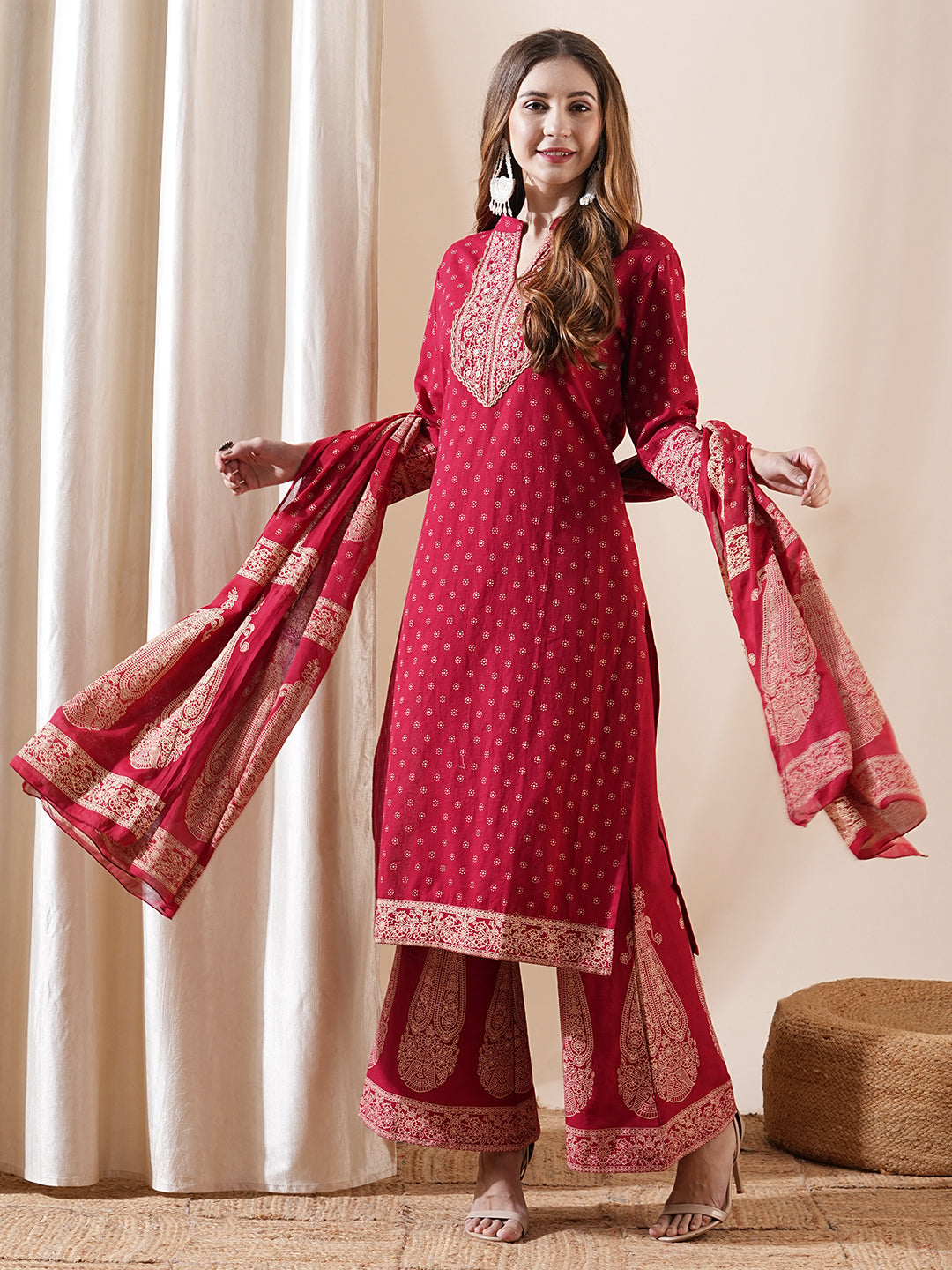 Ethnic Printed Mirror Embroidered Kurta with Flared Pants & Dupatta - Maroon