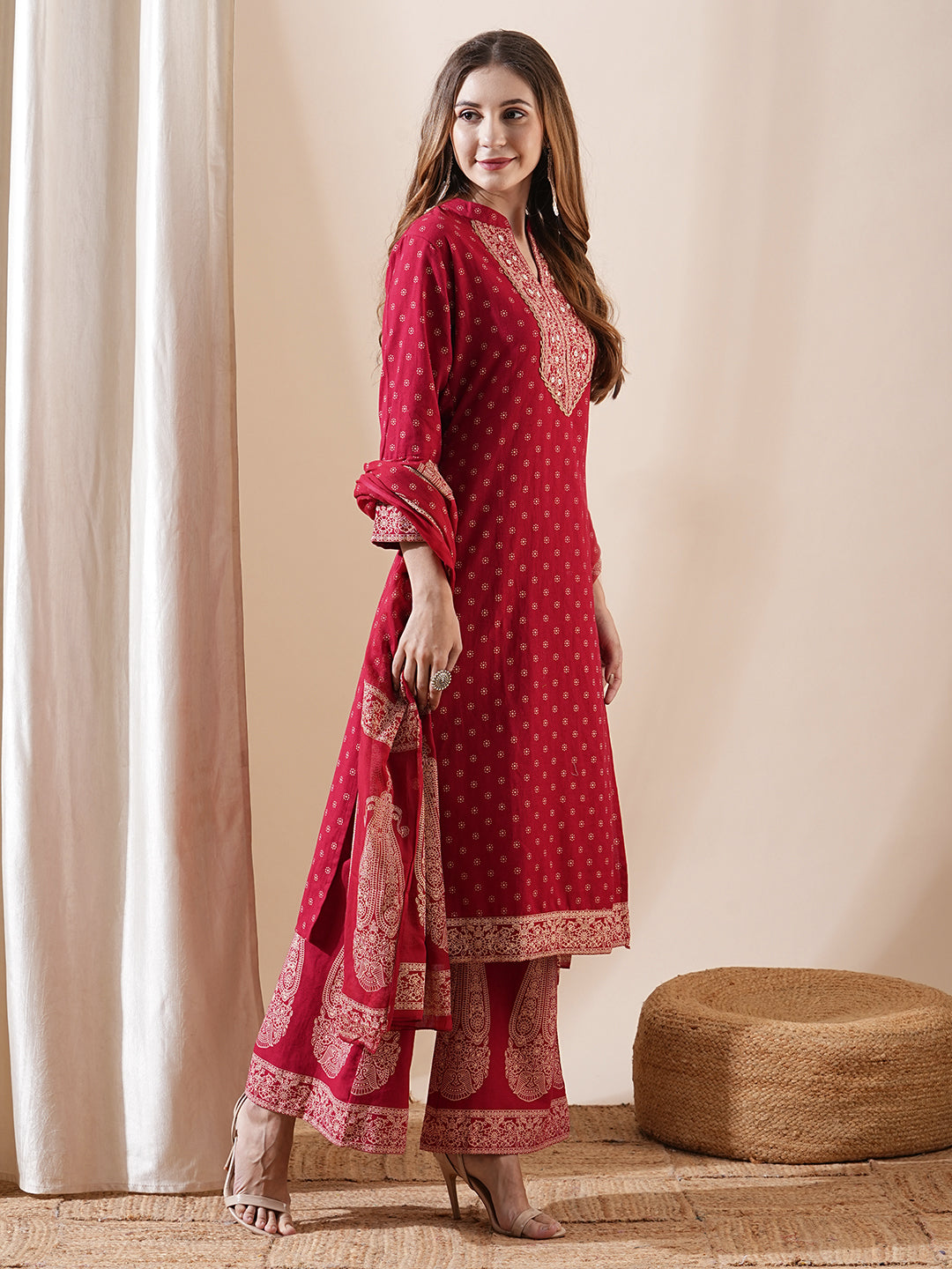 Ethnic Printed Mirror Embroidered Kurta with Flared Pants & Dupatta - Maroon