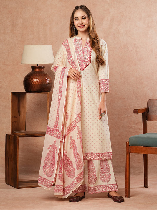 Ethnic Printed Mirror Embroidered Kurta with Flared Pants & Dupatta - Off White