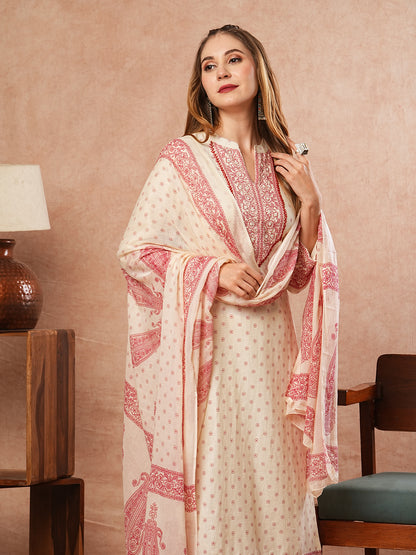 Ethnic Printed Mirror Embroidered Kurta with Flared Pants & Dupatta - Off White