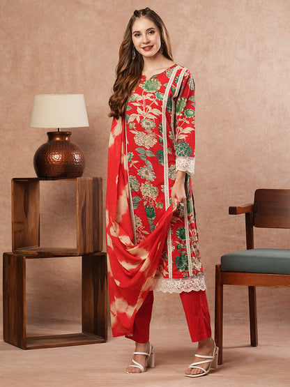 Floral Printed Sequins & Resham Lace Embellished Kurta with Pants & Shibori Dupatta - Red