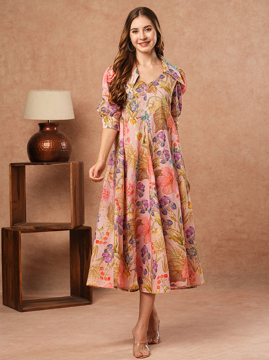 Abstract Floral Printed A-Line Paneled Midi Dress - Pink