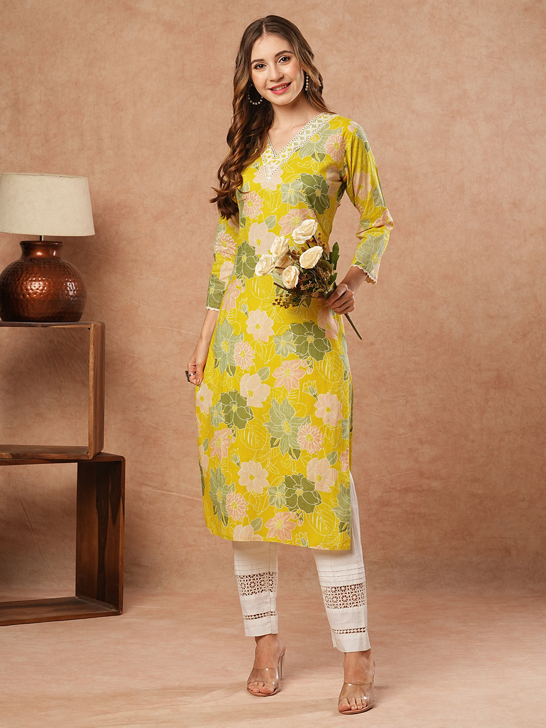 Floral Printed Mirror & Resham Embroidered Kurta - Yellow