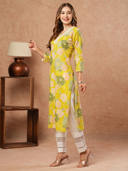 Floral Printed Mirror & Resham Embroidered Kurta - Yellow