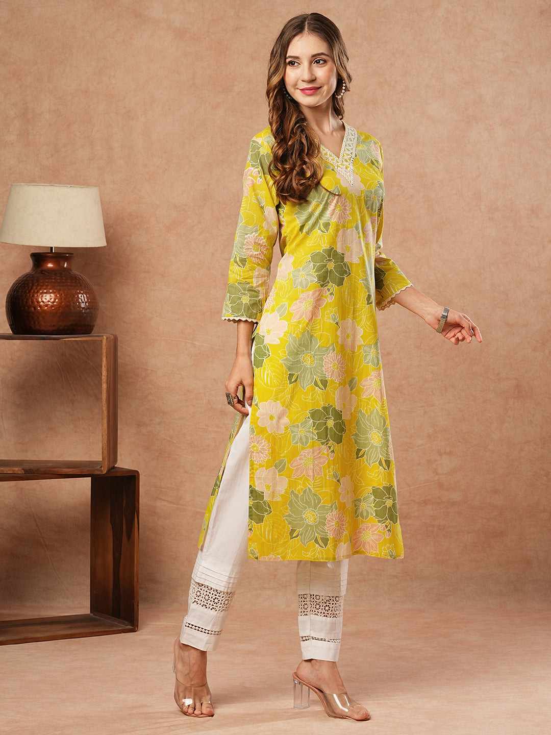 Floral Printed Mirror & Resham Embroidered Kurta - Yellow