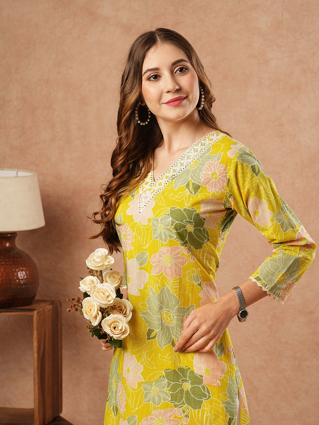 Floral Printed Mirror & Resham Embroidered Kurta - Yellow