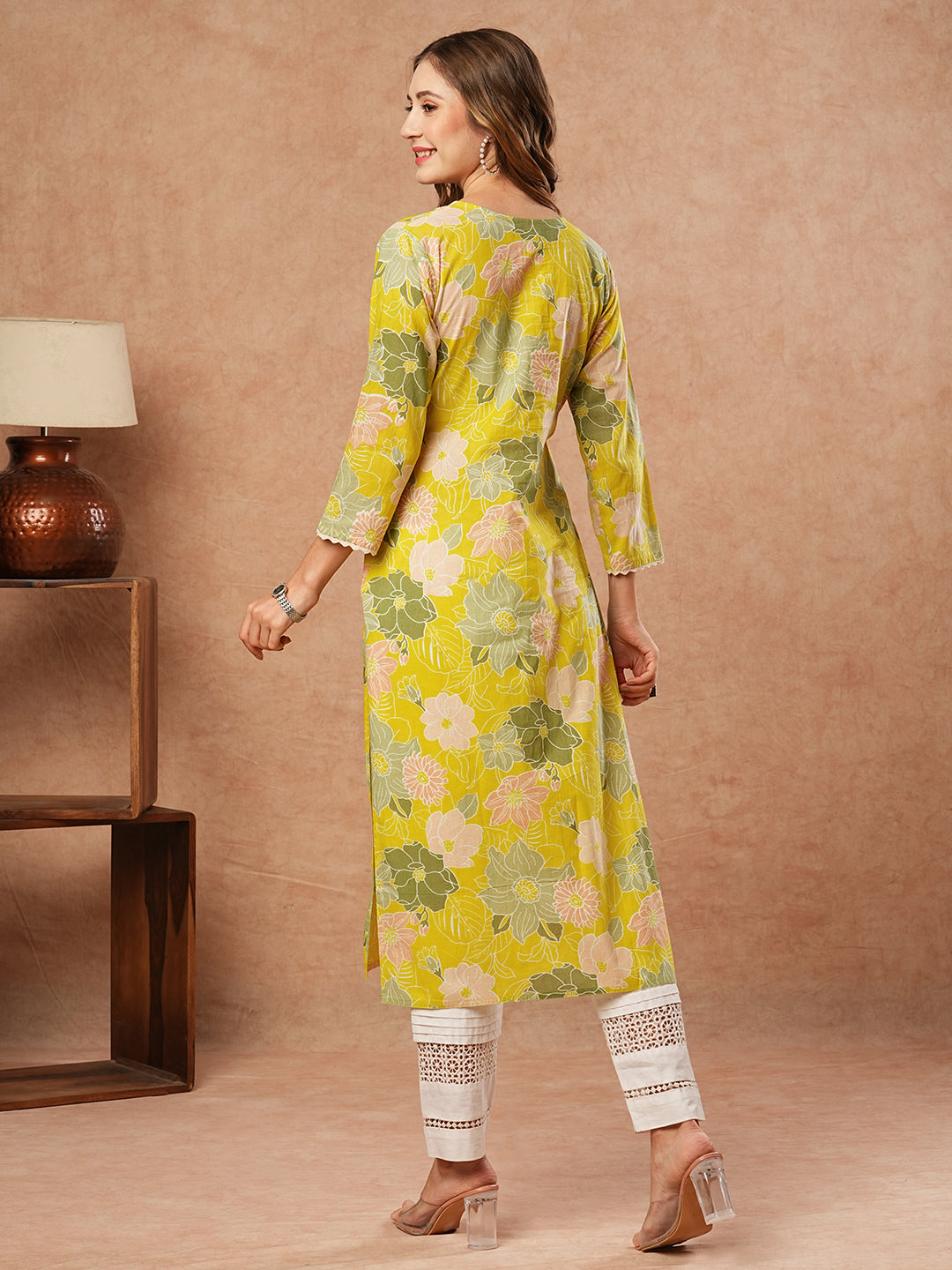 Floral Printed Mirror & Resham Embroidered Kurta - Yellow