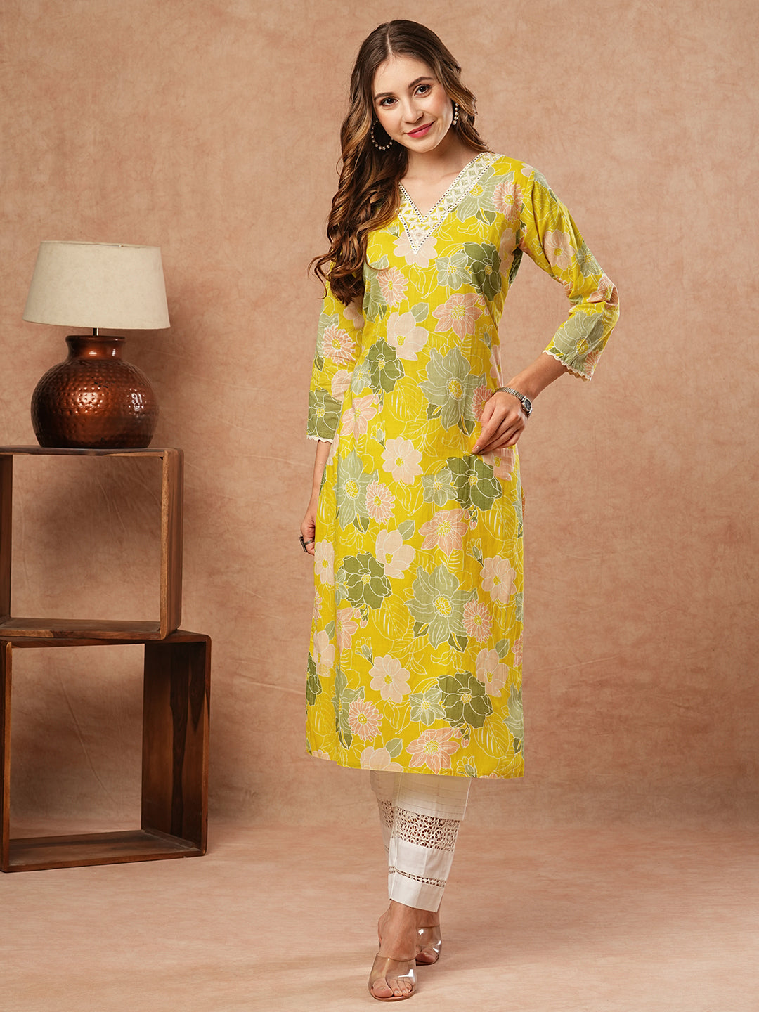 Floral Printed Mirror & Resham Embroidered Kurta - Yellow