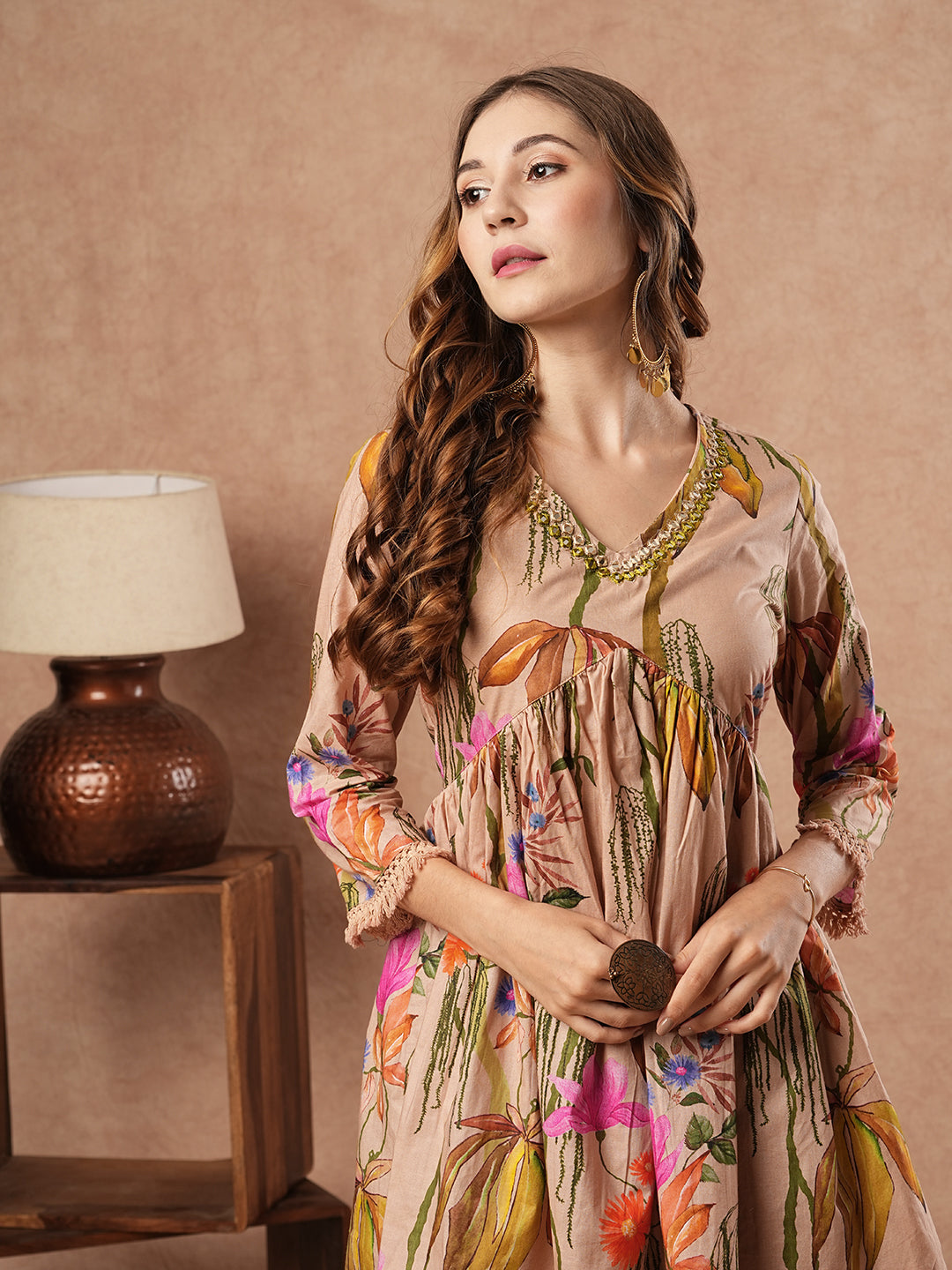 Floral Printed Mirror Embroidered Short Kurti with Sharara Set - Beige-Brown