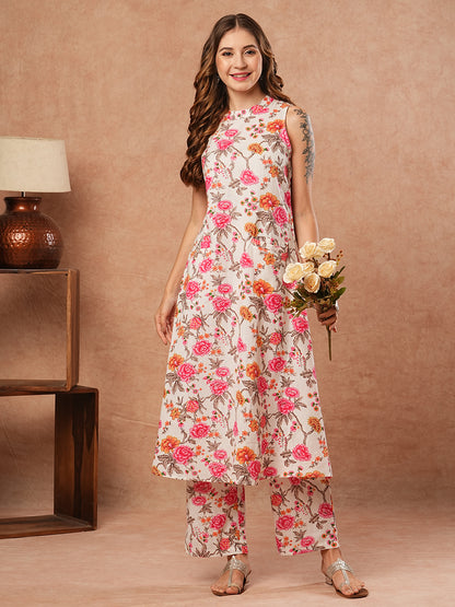 Floral Printed A-line Kurta with Palazzo - White