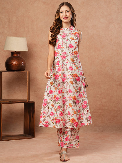 Floral Printed A-line Kurta with Palazzo - White