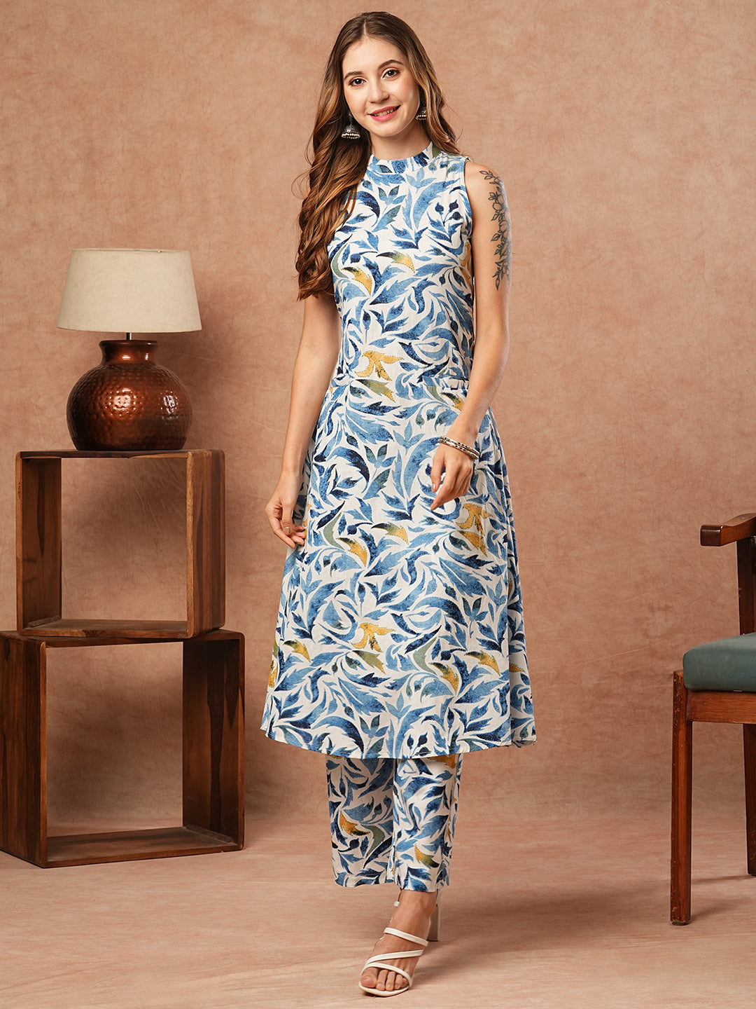 Floral Printed A-Line Fit Co-ord Set - Blue