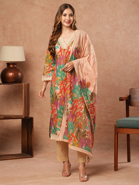 Floral Printed Resham Embroidered Lace Work Kurta with Pants & Dupatta - Multi