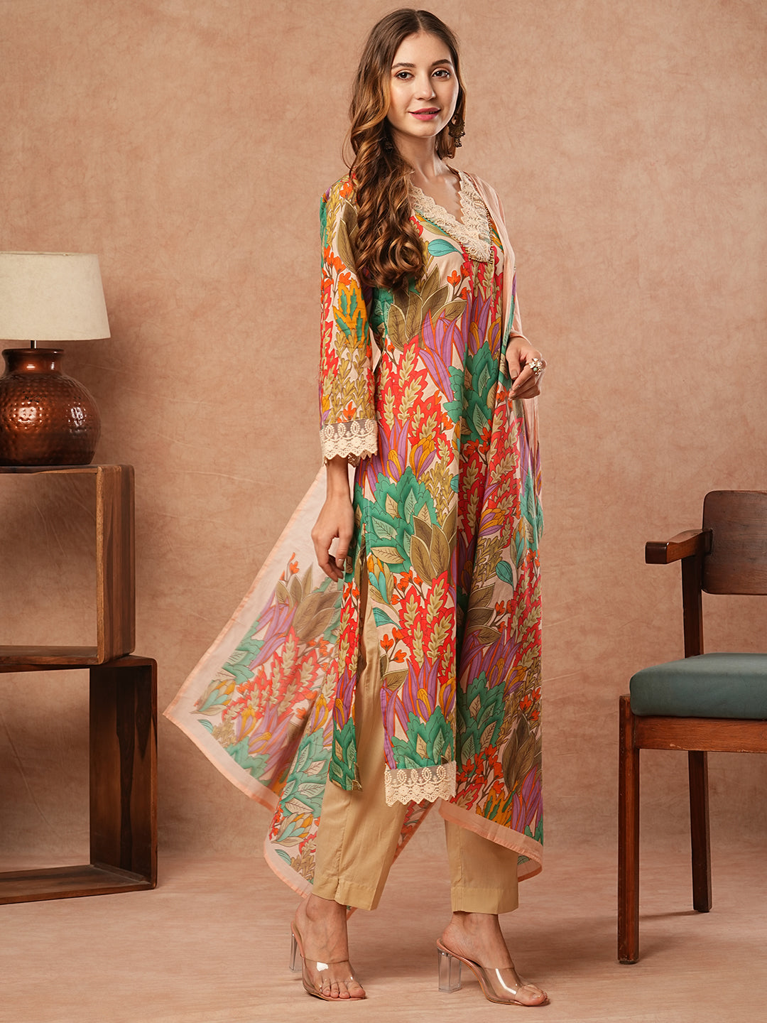 Floral Printed Resham Embroidered Lace Work Kurta with Pants & Dupatta - Multi