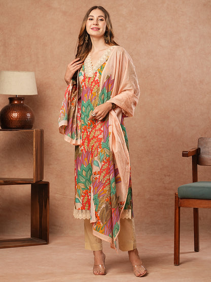 Floral Printed Resham Embroidered Lace Work Kurta with Pants & Dupatta - Multi