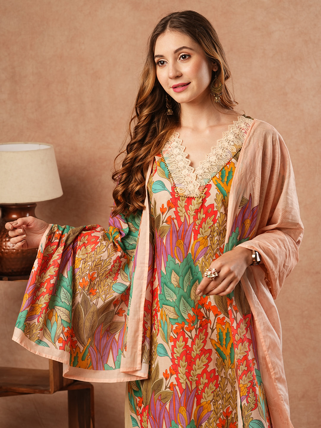 Floral Printed Resham Embroidered Lace Work Kurta with Pants & Dupatta - Multi