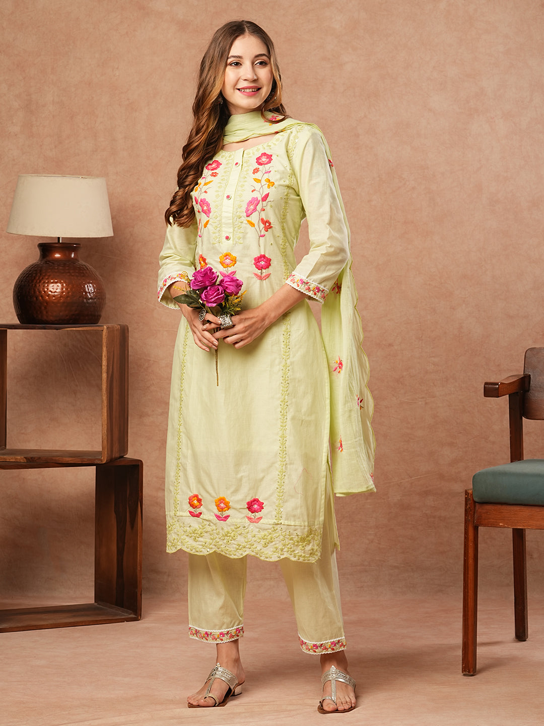 Solid Resham & Sequins Embroidered Kurta with Pants & Dupatta - Light Green