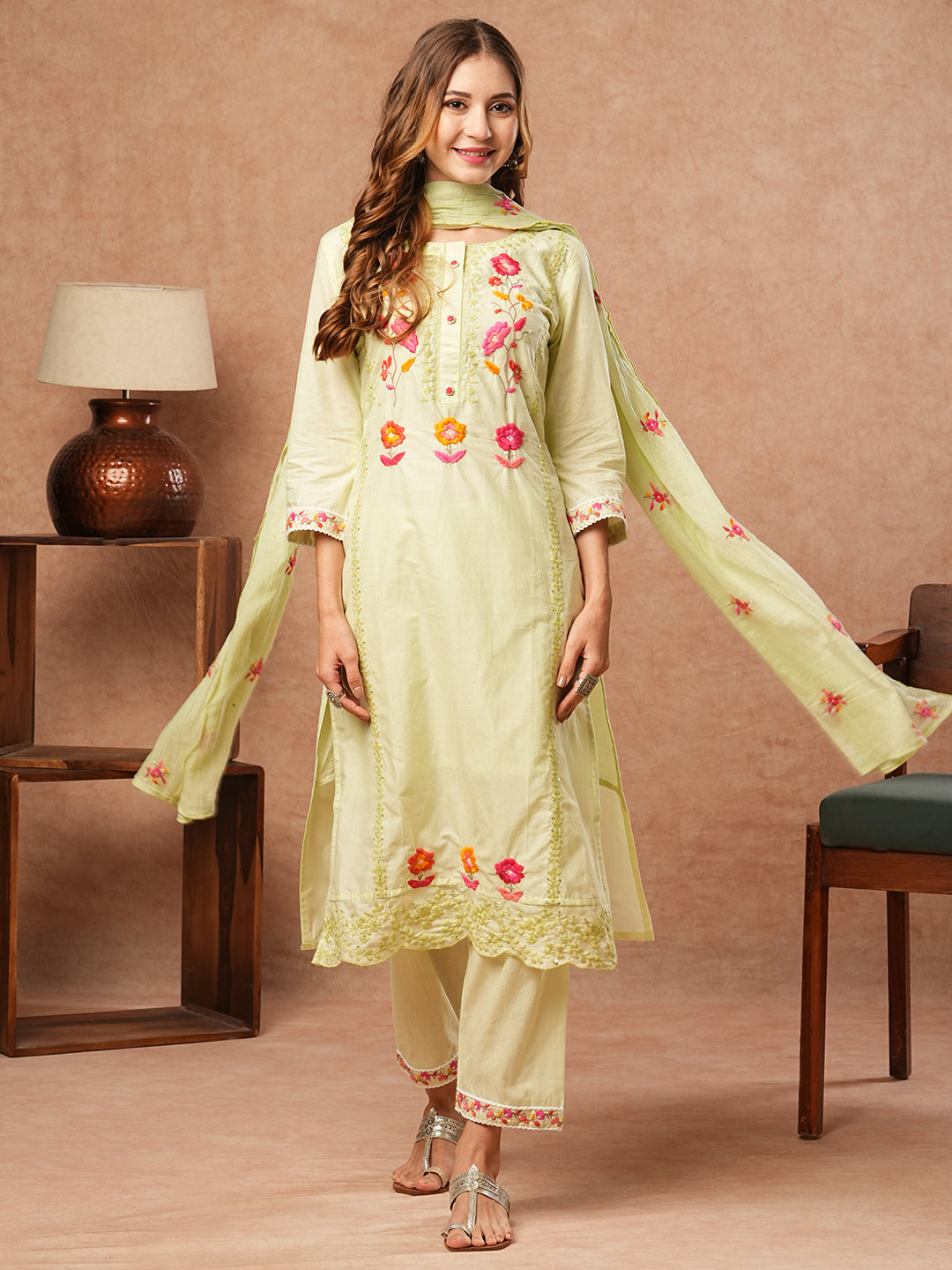 Solid Resham & Sequins Embroidered Kurta with Pants & Dupatta - Light Green